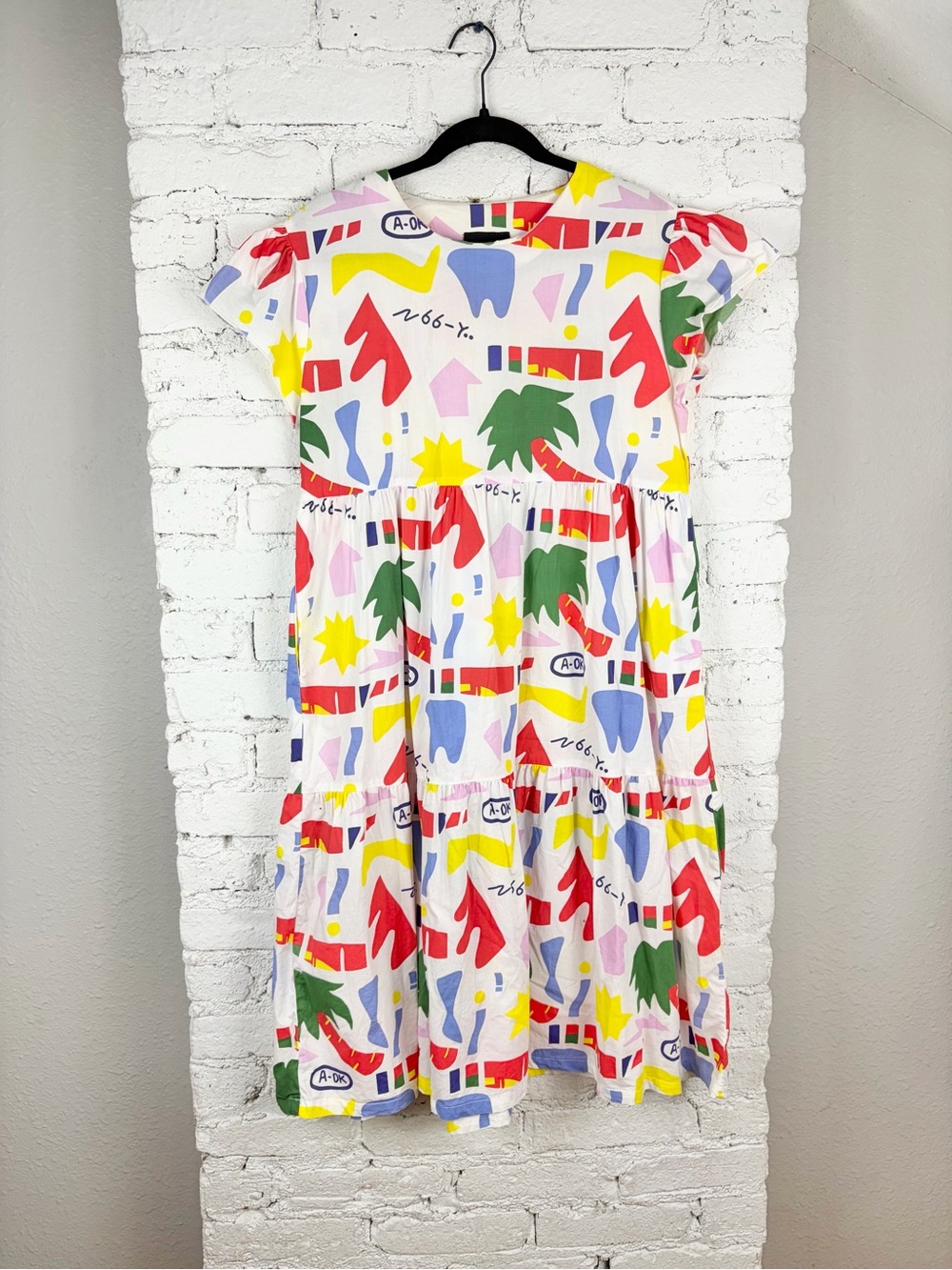 Nooworks Frida A-Ok Palm Print Tiered Ruffle Short Sleeve Midi Dress Medium